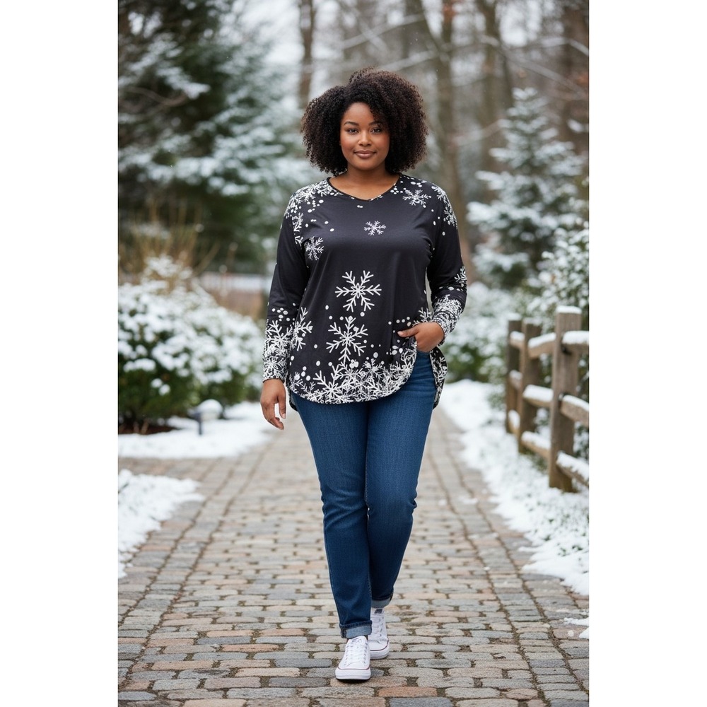 Noracora Womens Black Snowflake Print V-Neck Long Sleeve‎ Tunic Top 3XL NWT